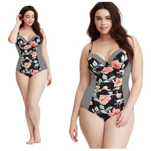 Torrid Floral & Black White Stripe Strappy Demi Underwire One Piece Swimsuit 00 - Picture 1 of 16